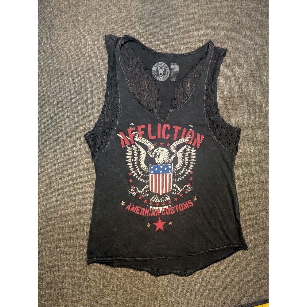 Affliction USA Eagle Top Shirt Punk Tribal Womens Medium Black V Neck Tee